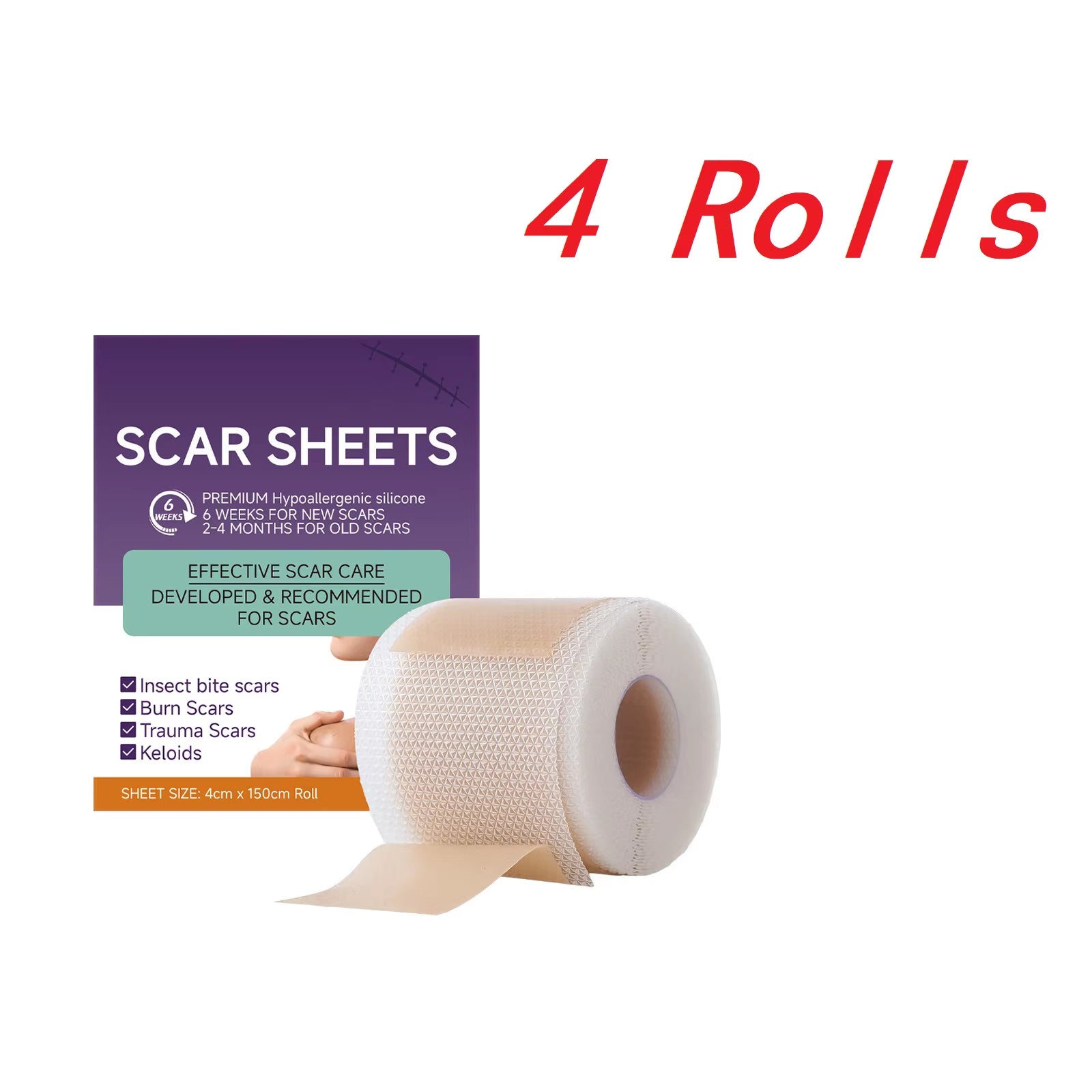 4Cm X 150Cm/Roll Silicone Scar Sheets , 4 Rolls Self-Adhesive Scar Cover Tape Skin Care Waterproof and Breathable