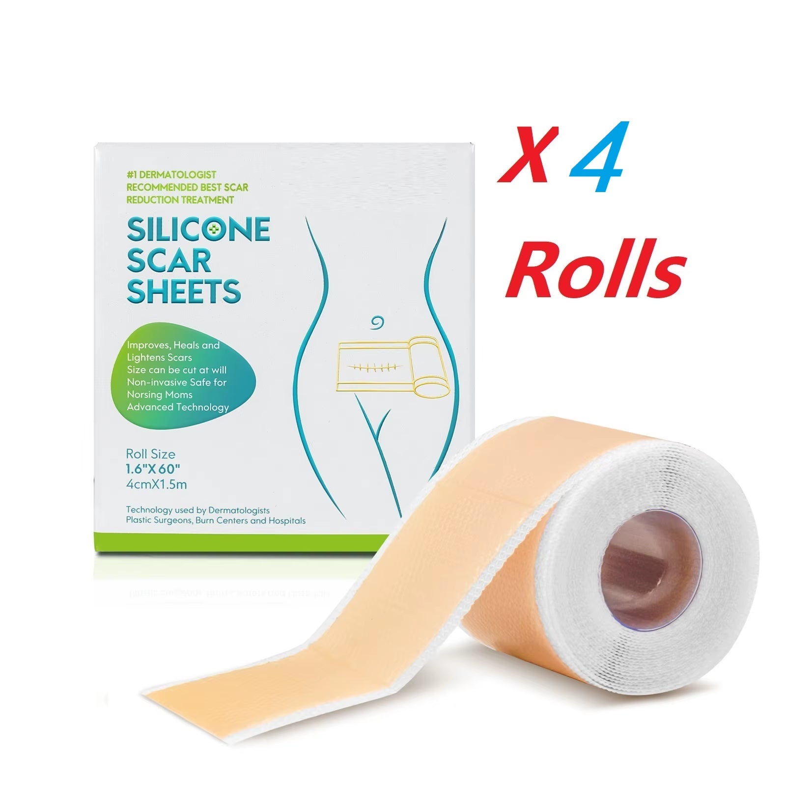 4Cm X 150Cm/Roll Silicone Scar Sheets , 4 Rolls Self-Adhesive Scar Cover Tape Skin Care Waterproof and Breathable