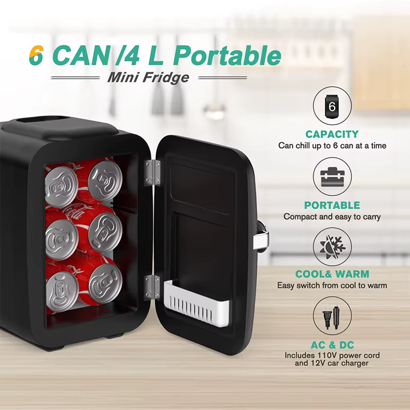 4L Dual Voltage Mini Fridge for Beauty and Skincare - AC/DC Heated and Cooling Car Refrigerator
